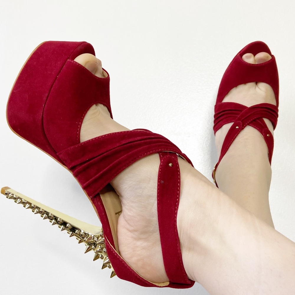 FRH Red and Gold Sexy Suede Studded Platform Heels